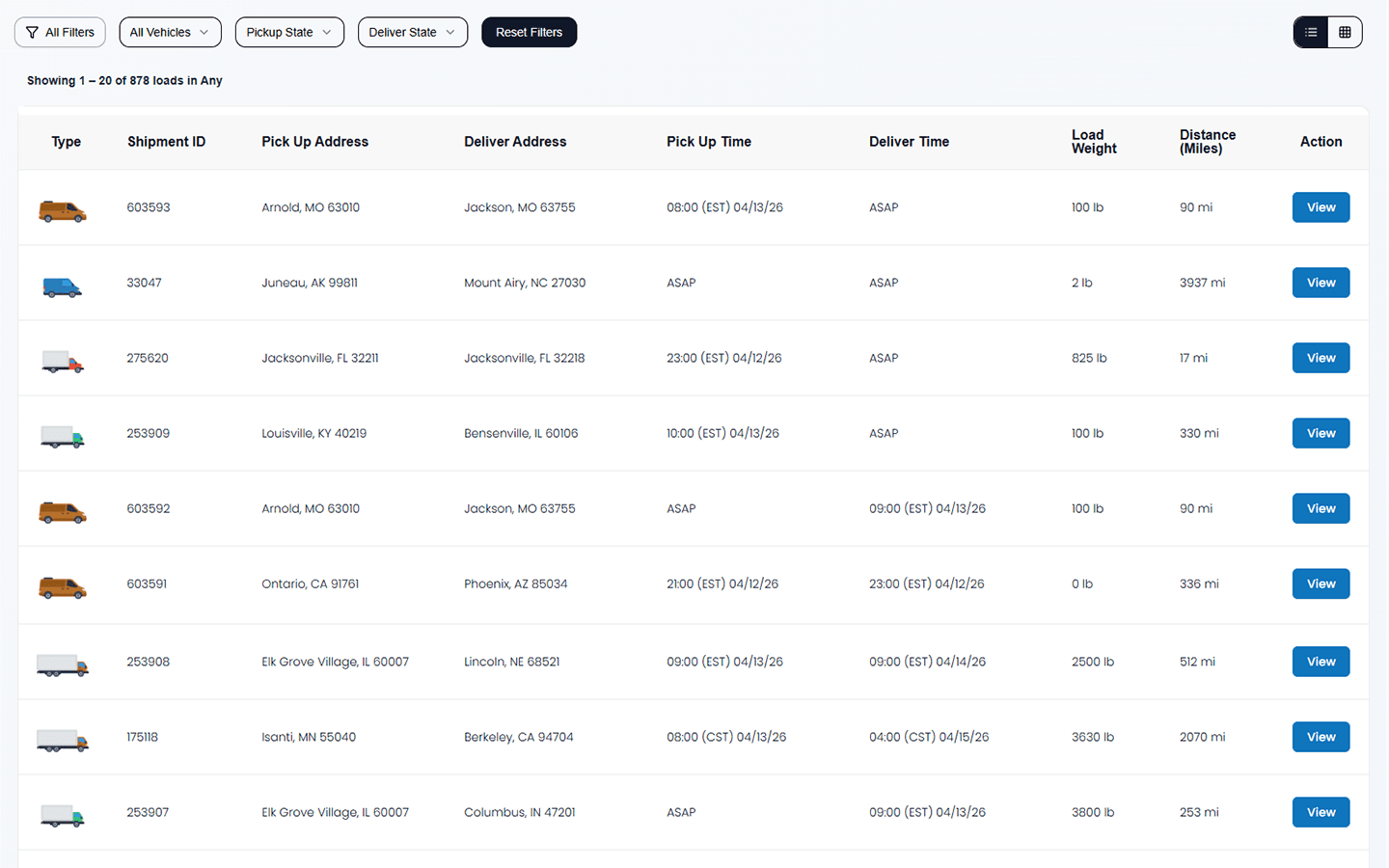 Cargo Vans Load Board Dashboard